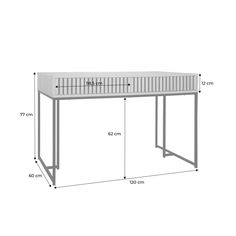 a white table with measurements for the top and bottom section, showing the height of the table