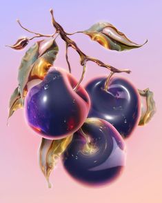 three cherries with leaves on a pink and blue background are depicted in this digital painting