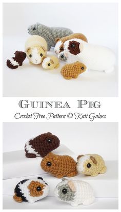 several crocheted animals are shown in three different colors, including brown and white