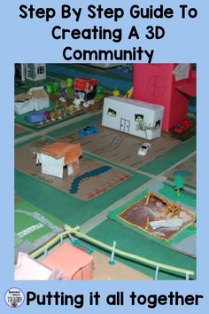 an image of a child's play area with paper houses and toys on the floor