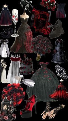 a collage of red and black wedding dresses, shoes, veils and bouquets