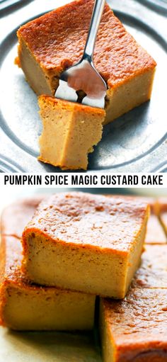 pumpkin spice magic custard cake is cut into squares and put on a plate