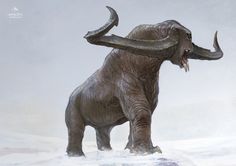 an elephant is standing in the snow with its trunk out and it's mouth open