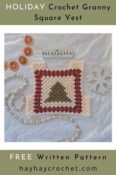 the holiday crochet granny square vest pattern is shown with beads and other items