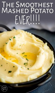 mashed potatoes in a black bowl with butter and parsley on top, text overlay reads french style mashed potato