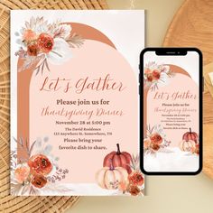 an image of a thanksgiving party card with flowers and pumpkins on the front, next to a phone