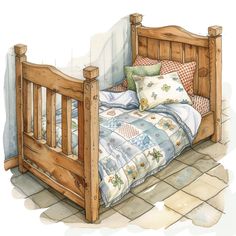 a watercolor drawing of a wooden bed with pillows