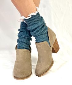 BOOTI lace tweed slouch  socks - slate blue Upgrade your bootie and ankle boot collection with our luxurious slate blue tweed lace slouch socks. These elegant socks are the ideal match for any bootie or ankle boot. The intricate knit adds sophistication and pairs beautifully with a variety of colors. MADE IN AMERICA sock is 10" from heel to toe 90% COTTON.10%NYLON one size fits most women  7-10 * Signature socks by C Cole Quality lace socks for women  Women have been calling our socks their signature look for many years Fitted Lace Trim Socks For Winter, Fitted Lace Trim Winter Socks, Fitted Blue Socks For Fall, Comfortable Leg Warmers For Spring, Spring Leg Warmers, Elegant Socks, Women's Fall Fashion, Boot Collection, Blue Lace Top