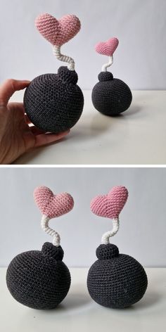 crocheted rocks with hearts attached to them