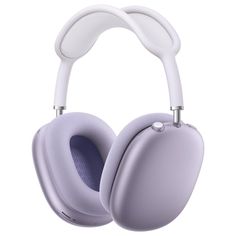 a pair of headphones that are white and purple with two ears on each side