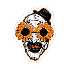 a sticker with an image of a skull wearing sunflowers on its face