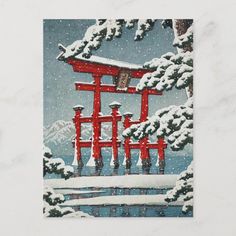 a painting of snow covered trees and a red torido in front of a lake