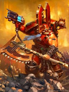 a painting of a warhammer holding a large metal object in his hand and surrounded by skulls