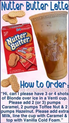 an advertisement for nutter butter latte and cookies