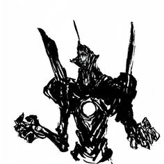 a black and white drawing of a robot holding two swords