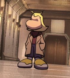 a cartoon character standing in front of a doorway