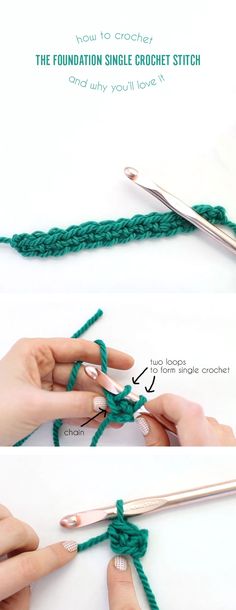 crochet instructions for the foundation single crochet stitch, and how to do it