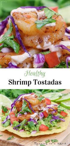 shrimp tostadas with lettuce, tomatoes and onions