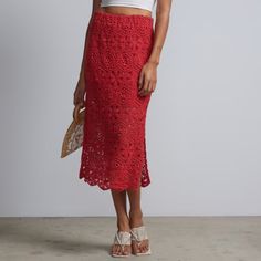 Red Crochet Lace Pencil Skirt. High Waist. Column Silhouette. Crochet Medallion Design. Pull-On Style. Red Maxi Skirt For Summer Beach, Red Maxi Skirt For Summer Beach Outing, Red Summer Beach Maxi Skirt, Red Midi Skirt For Beach, Red Relaxed Skirt For Summer, Red Summer Maxi Skirt For Day Out, Red Casual Midi Skirt, Red Relaxed Fit Skirt For Summer, Fitted Red Maxi Skirt For Summer