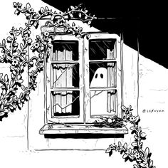 a black and white drawing of an open window