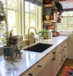 a kitchen with marble counter tops and white cabinets, plants on the window sill