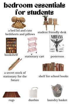 a poster with the words bedroom essentials for students in english and spanish, including bookshelf