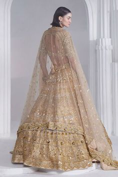 Gold attached soft can-can lehenga featuring Swarovski, nakshi and sequin embroidery all over. Paired with a padded embroidered blouse and a sheer embroidered hem dupatta. - Aza Fashions Embroidered Hem, Bridal Lehengas, Sequin Embroidery, Can Can, Sequins Embroidery, Set Women, Bridal Lehenga, Embroidered Blouse, Aza Fashion