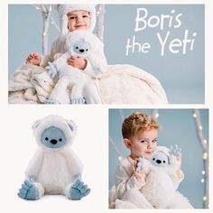 two photos of a child holding a stuffed animal and smiling at the camera, with text boris the yet