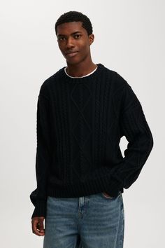 Cable Knit CrewCotton On Men - Cable Knit Crew - Black CableCotton On | Men | Clothing | SweatersCotton On | Men | Clothing | SweatersCotton On | Men | Clothing | Sweaters Man Sweater, Pants Shirt Men, Clothing Sweaters, Long Sleeve And Shorts, Relaxed Jeans, Black Man, Pant Shirt, Fitted Sweater, Men Clothing