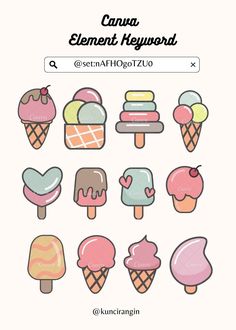 an image of some ice creams and desserts on a white background with the words element keyword