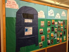 a bulletin board with pictures and post it notes attached to the back of each door