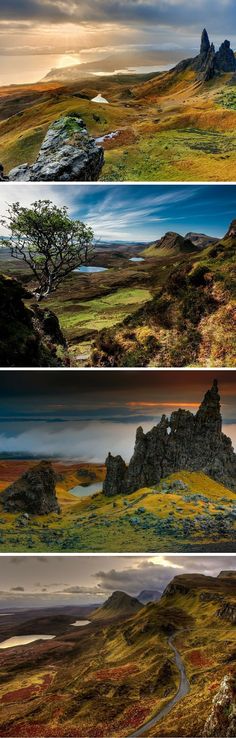 four different views of the hills and valleys in scotland, one with a single tree on it