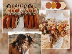 the bridesmaids are wearing orange dresses and holding bouquets