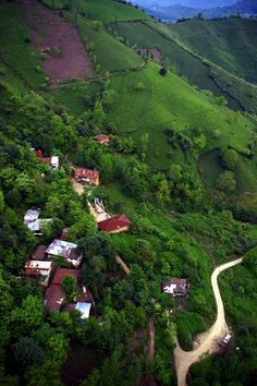 an aerial view of a lush green valley with houses on the side and mountains in the background