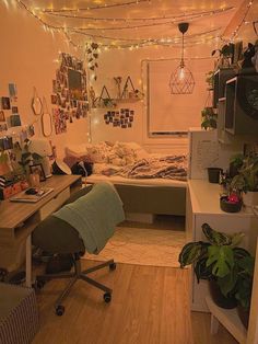 a bedroom with lots of plants and lights