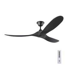 a black ceiling fan and remote control on a white background