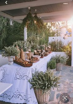 an outdoor buffet with bread and vegetables on the table, surrounded by greenery as well as potted plants