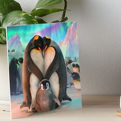 two penguins standing next to each other in front of an aurora borel background canvas print