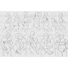 a drawing of a pregnant woman's body in various positions, with her hands on her stomach