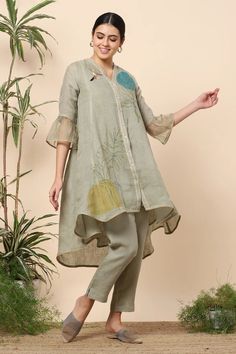 Linen Kurti Design, Co Ords Outfits, Kurta Pant Set, Green Leaf Print, Long Kurti Designs, Cord Set