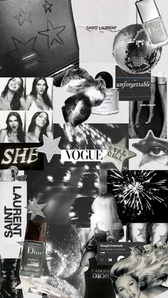 black and white collage with many different items in the background, including perfume bottles