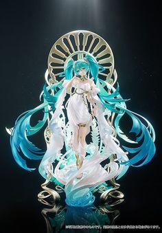 a figurine is displayed in front of a black background with blue and white swirls