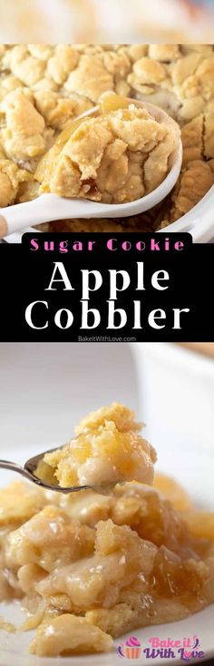 two pictures of apple cobbler on a plate with a spoon