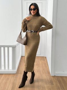 Turtleneck Drop Shoulder Cable Knit Sweater Dress Without Belt Camel Casual  Long Sleeve Wool-Like Fabric Plain  Slight Stretch  Women Clothing, size features are:Bust: ,Length: ,Sleeve Length: Sweater Dress With Belt, Maxi Sweater Dress, Shoulder Cable, Maxi Sweater, Cable Knit Sweater Dress, Sports Pants Women, Sweater Maxi Dress, Sweater Dresses, Sweater Dress Women