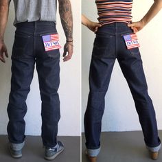 "Vintage denim pants - JACK'SON Made in France 1960's Authentic straight cut jean from the 60s. Dark blue denim with light brown stitch. 4 pockets High waist. Front buttoning . Brand label on the right back pocket. In perfect condition. Deadstock item with its original cardbord label. Material: 100% cotton Size: 3 sizes available: 38 - 38 1/2 - 50 Our women model wears usually a size S (US 26/27) and measures 170cm/66,9\". In the photo she is wearing size 38 . Our men model wears usually a size Retro Dark Wash Pants With Pockets, Retro Blue Jeans With Pockets, Retro Denim Jeans With Hip Pockets, Retro Cotton Tapered Leg Jeans, Retro Tapered Leg Cotton Jeans, Retro Denim Tapered Leg Pants, Retro Straight Leg Jeans With Hip Pockets, Retro Tapered Leg Denim Pants, Fitted Retro Jeans