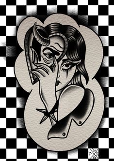 a black and white drawing of a woman with horns on her head, in front of a checkered background