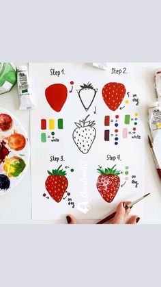 someone is painting on a white board with strawberries and other things to do in the background