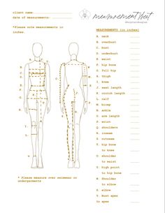 the measurements chart for a woman's body, with instructions on how to measure it