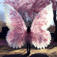 a woman standing in front of a tree with pink flowers on it's wings