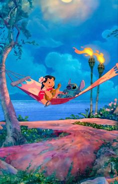 the cartoon character pooh is sitting in a hammock with her dog on it